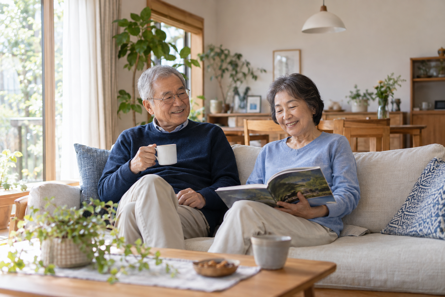 自宅でアルバムを見ながら穏やかに過ごすシニア夫婦のイメージ