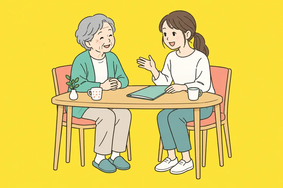 書類の入ったファイルを前に会話する親と娘のイラスト